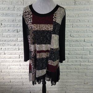 Style Co Womens Top XL Tunic 3/4 Sleeve Black Red Geometric Chiffon Hem GEO254E